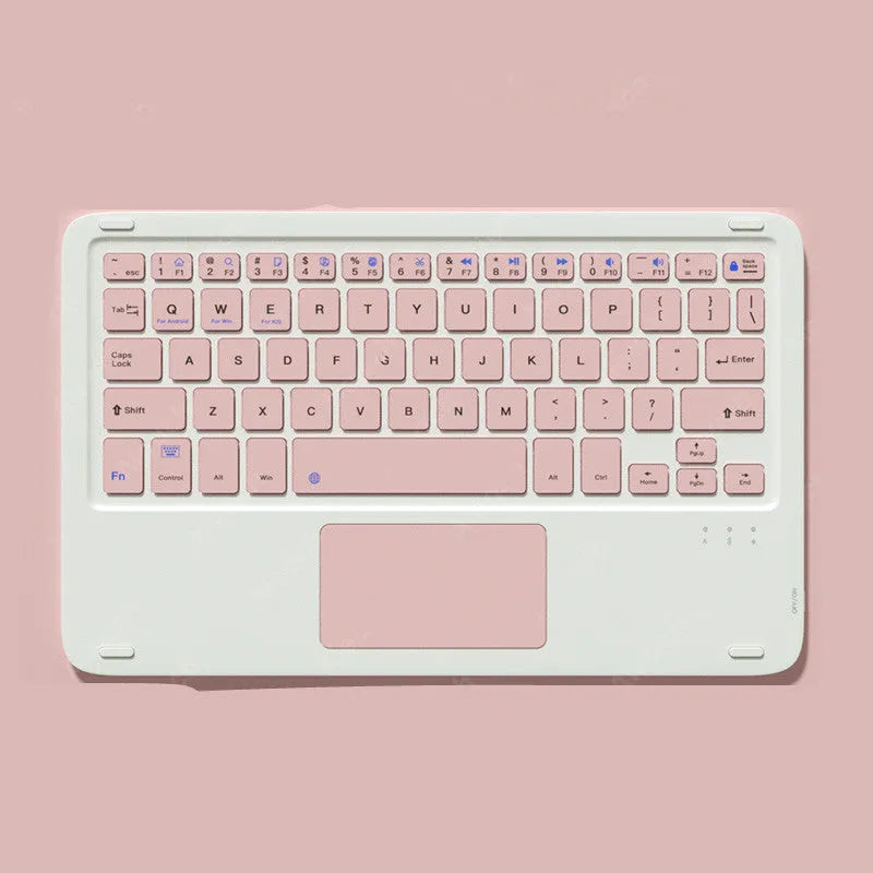 Pink wireless keyboard and mouse combo with slim touch keyboard and Bluetooth connectivity on wooden desk