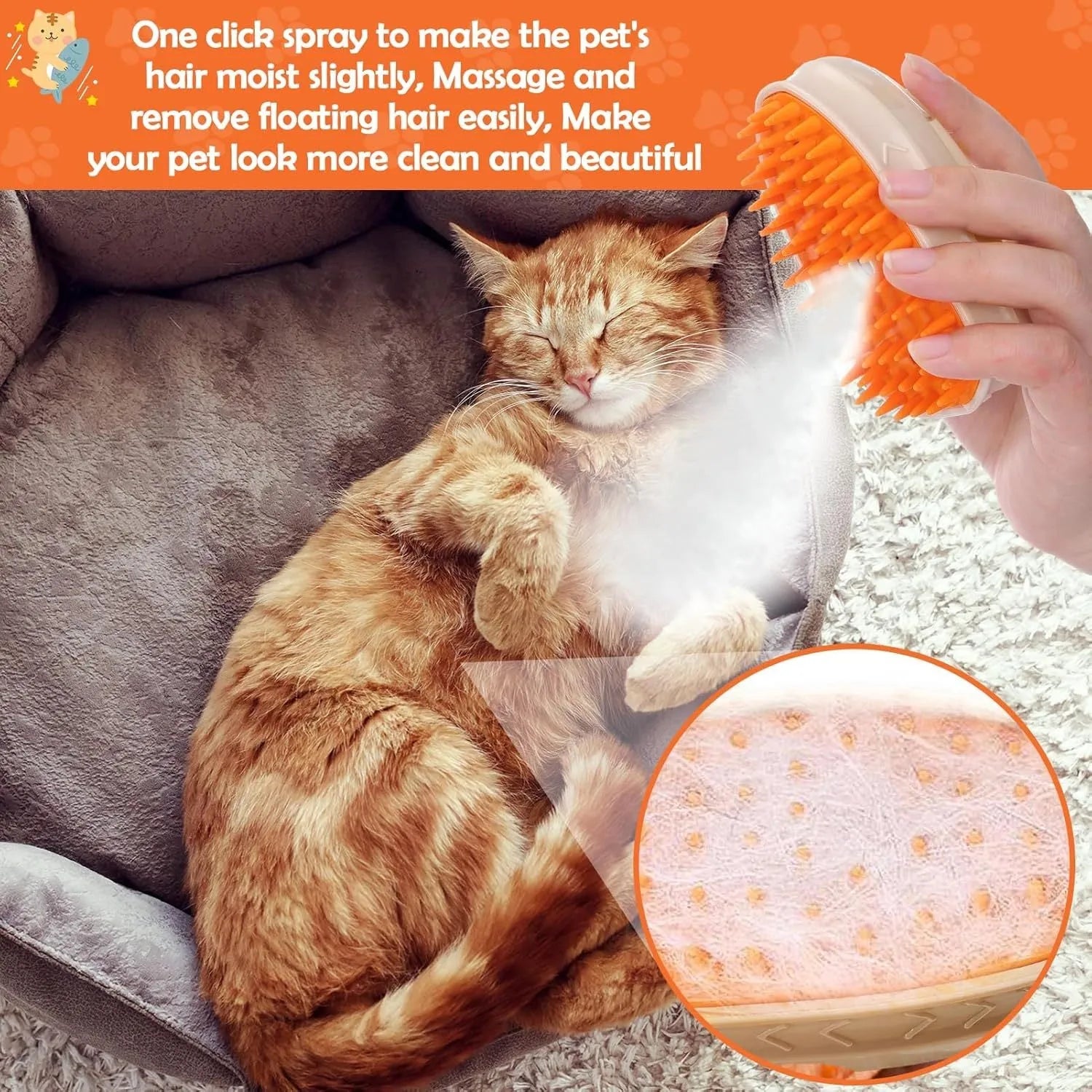 Yellow USB rechargeable cat grooming brush with steam spray, massage, and ringworm detection lamp.