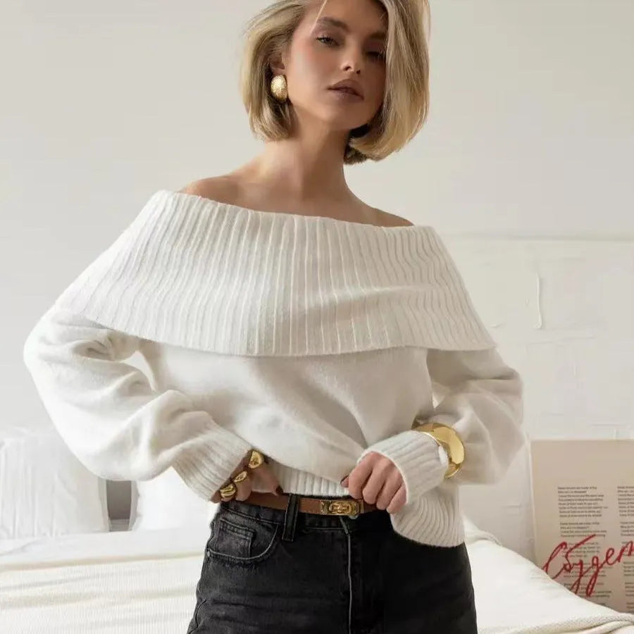 Gray off-the-shoulder strapless sweater with 3D pattern texture and regular sleeves