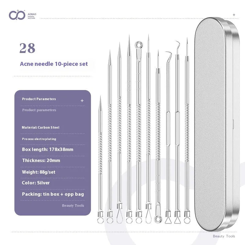 Set of four silver metal acne needles with pointed tips on a white background.