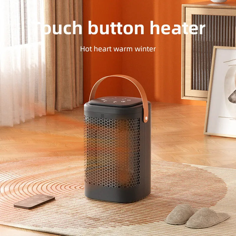 White electric heating radiator with digital touch screen display and remote control on wooden table