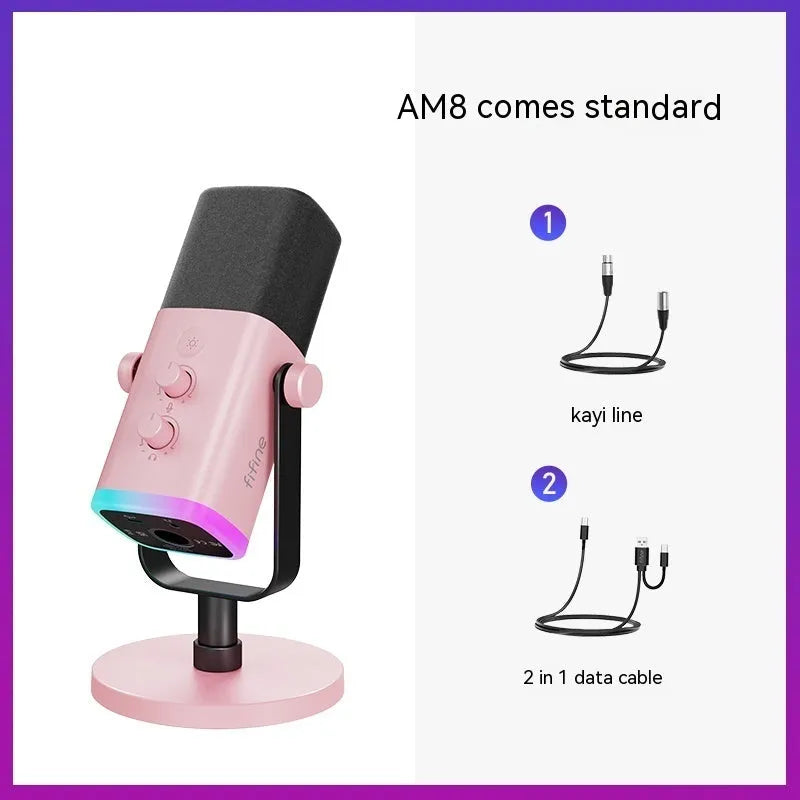 Dynamic noise reduction microphone in black, pink, or white colour with XLR cable and detachable bracket