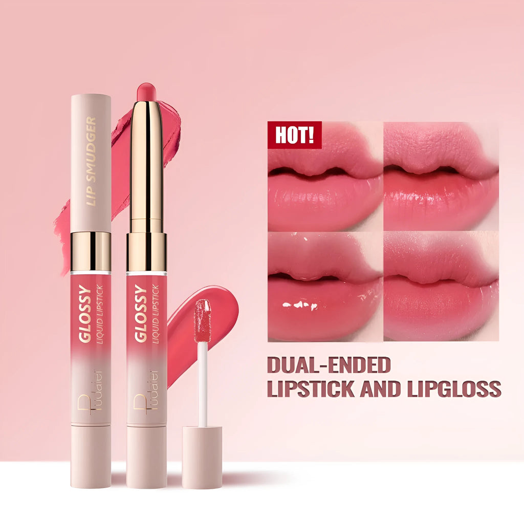 Double-headed lipstick showing matte bullet on one end and gloss applicator on the other in one of 10 available colours