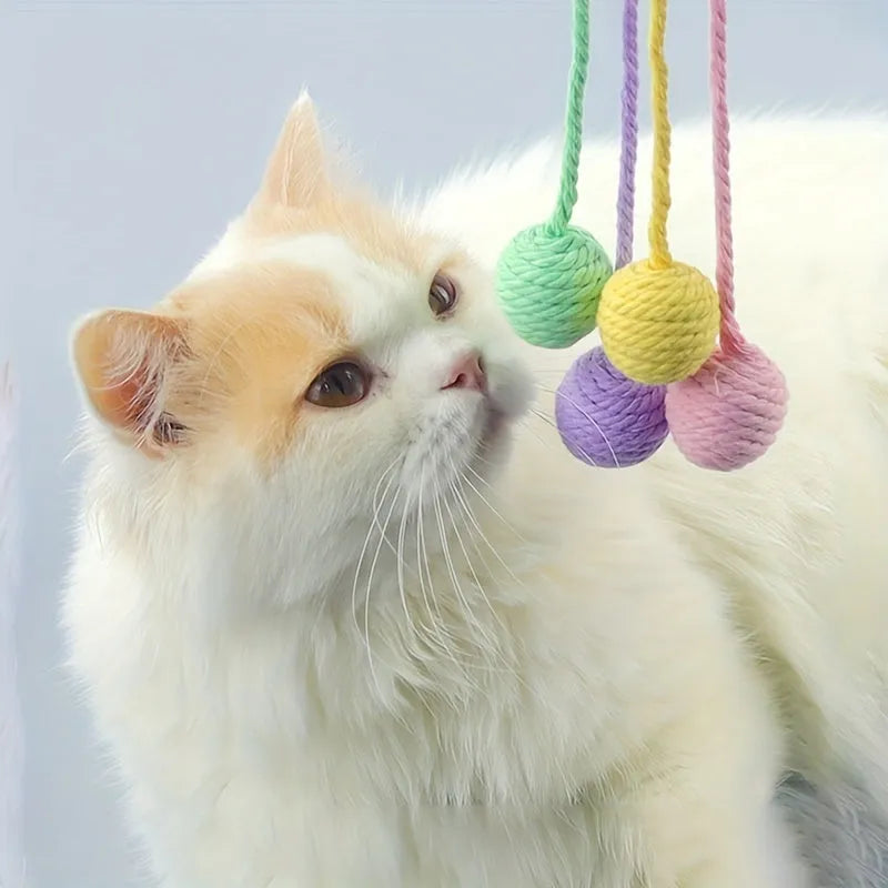 Colourful cat toy ball with rope handle and internal bell in 6cm or 3cm sizes