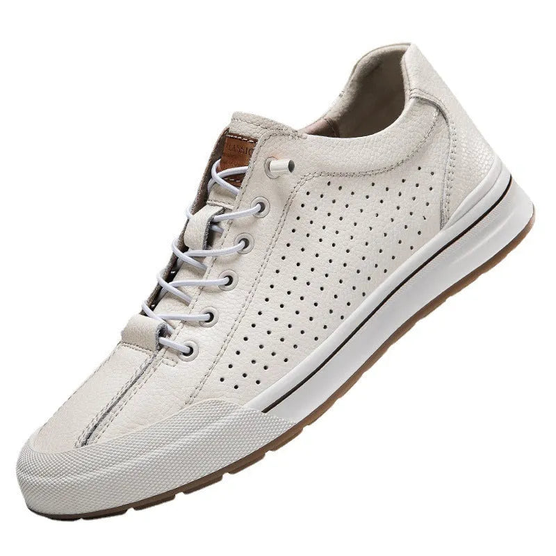 Men's round-toe matte leather casual shoes with a flat 6CM heel, shown in black and white colour options.