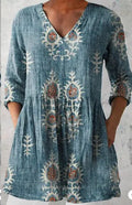 Women's printed wave pattern loose dress with 3/4 sleeves and wide waist design in various colour options