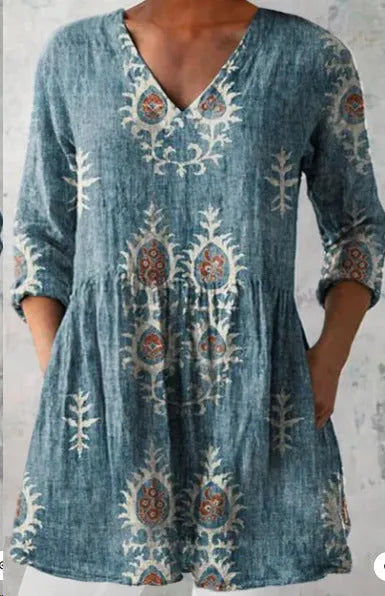 Women's printed wave pattern loose dress with 3/4 sleeves and wide waist design in various colour options