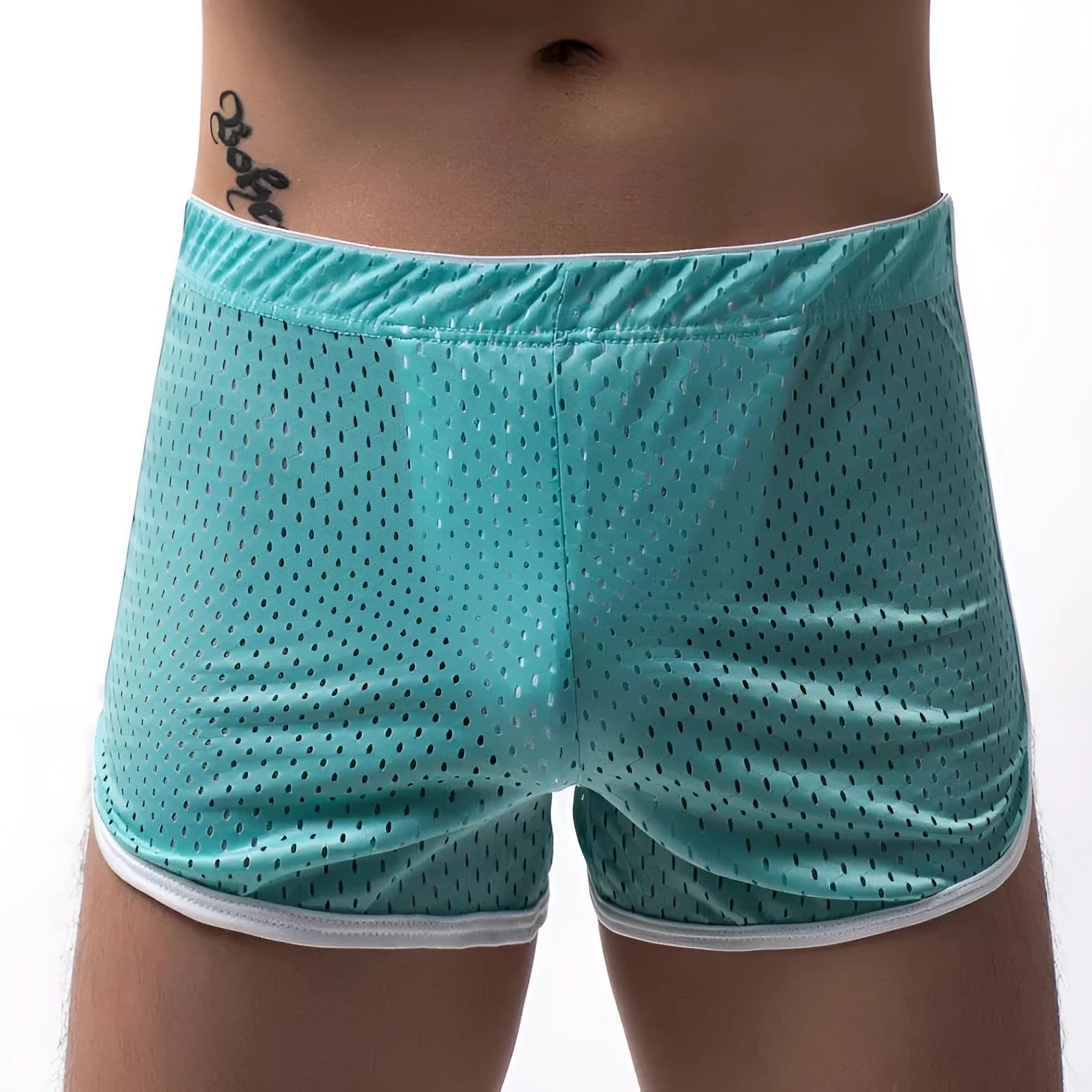 Men's cotton three-point boxer shorts in light blue on a grey background