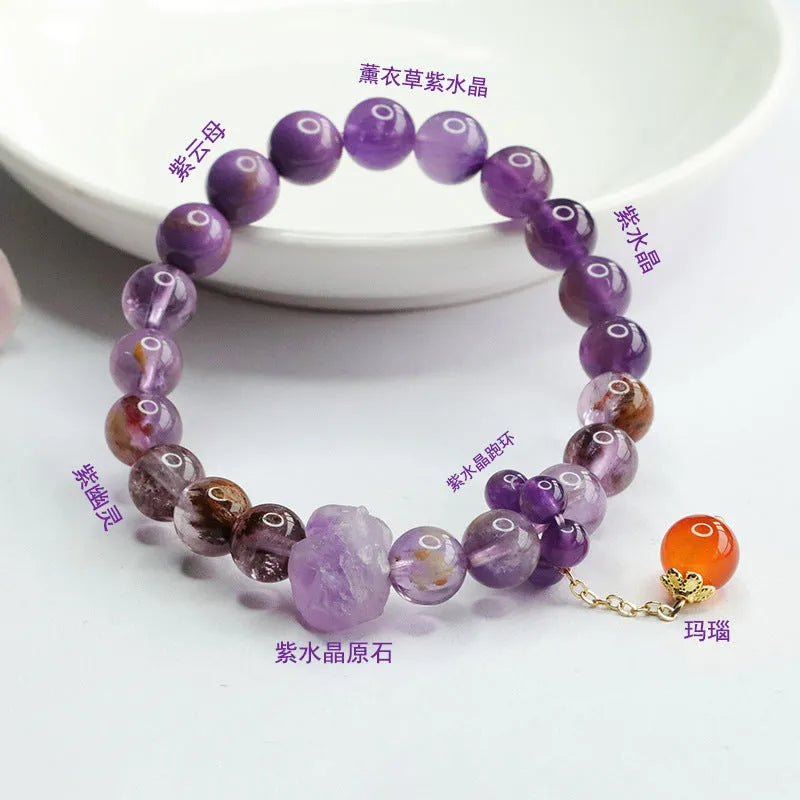 Nine purple amethyst and red agate crystal bracelet in mori style with 7-8mm beads