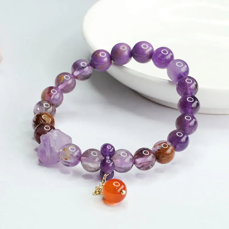 Nine purple amethyst and red agate crystal bracelet in mori style with 7-8mm beads