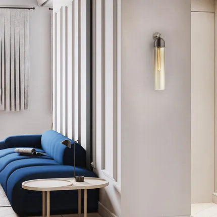 Nordic modern minimalist glass wall lamp with E27 holder in blue, amber, transparent, smoke grey, or milky white.