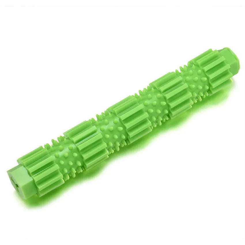 Green and orange natural rubber dog chew toy with treat-dispensing hole for aggressive chewers.
