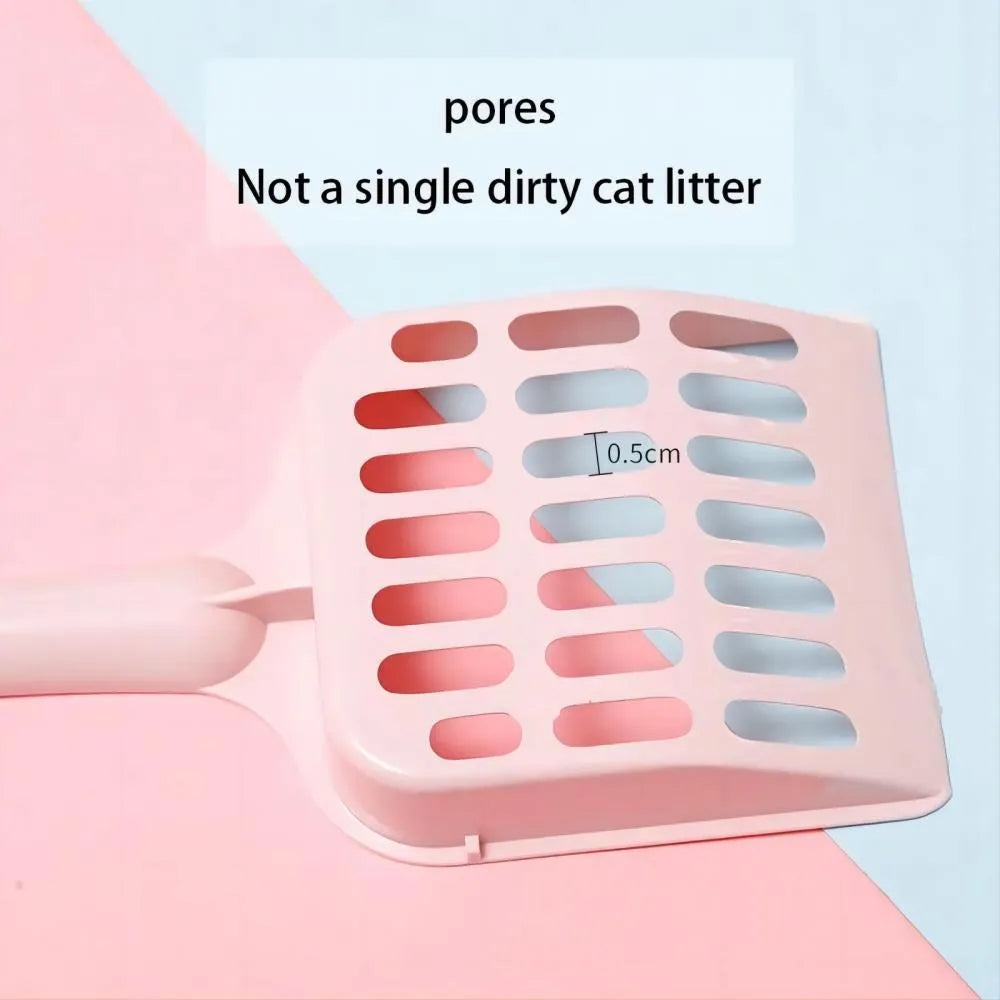 Blue plastic cat litter scoop with a long handle and perforated sifting head on a white background.