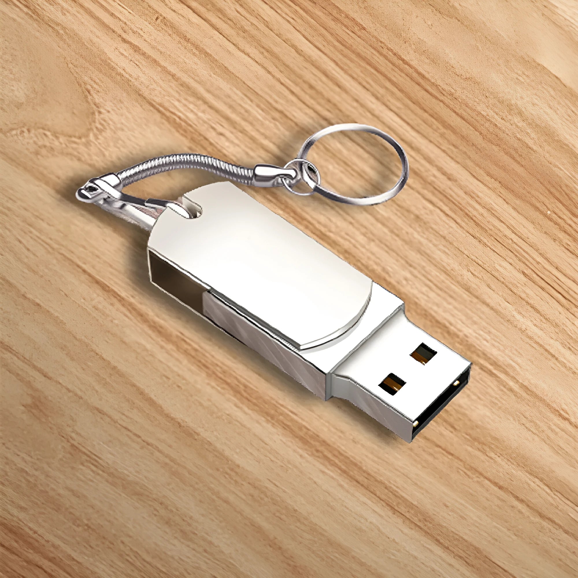 White rotating metal USB flash drive with 16GB capacity shown next to a ruler for scale.