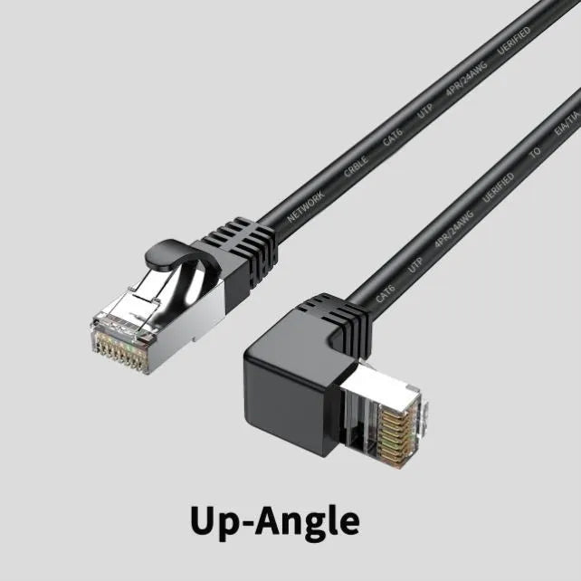Right-angle Cat6 Ethernet cable with metal RJ45 connectors in various colours and lengths