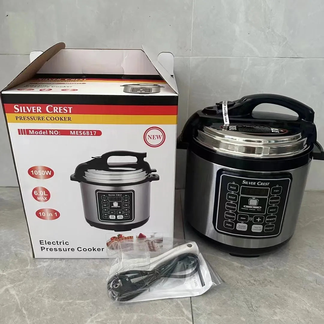6L multifunctional automatic electric pressure cooker with touch buttons, LCD display, and aluminium core lining