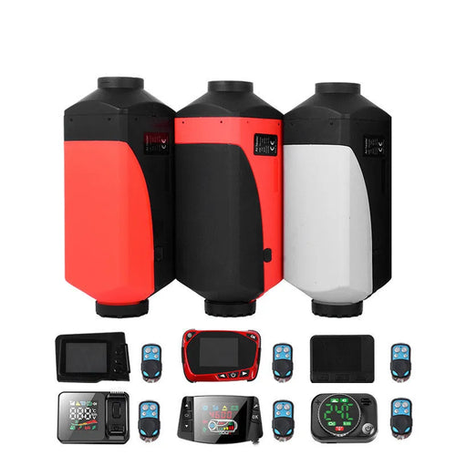 Red and black 12V 24V diesel air heater kit with fuel tank and installation components for vehicle cabin heating.