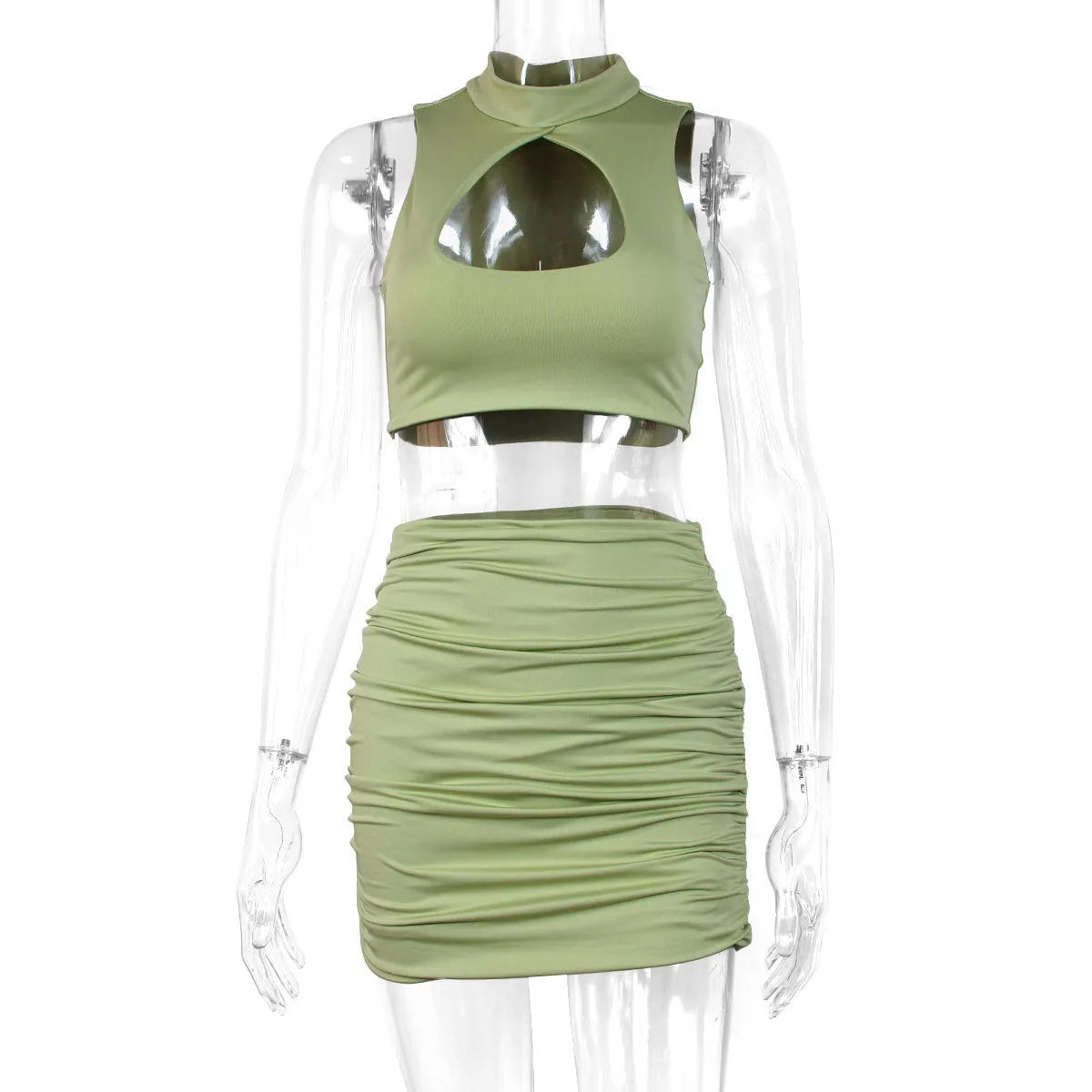 Women's light purple summer two-piece set with hollow vest top and matching hip skirt