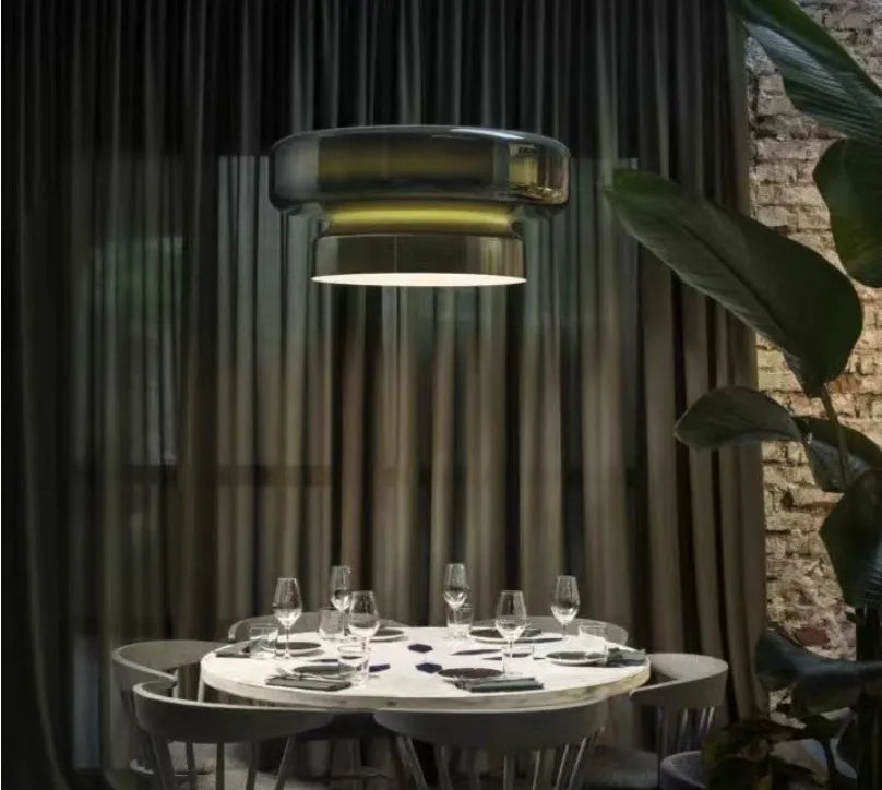 Modern glass chandelier with square 36x36x18cm dimensions showing light colour options