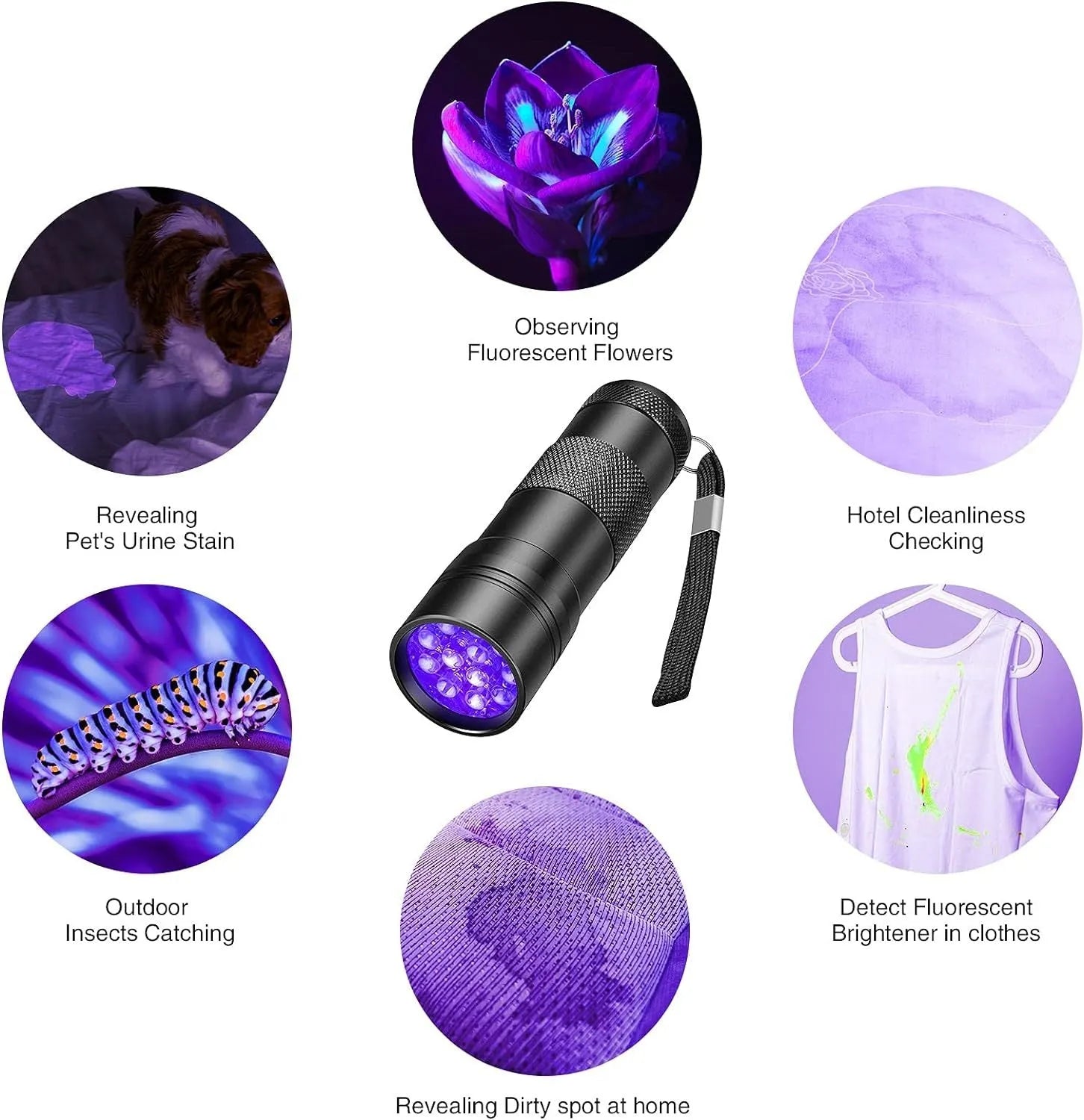 Black aluminium UV flashlight torch for detecting pet urine stains and insects on a dark surface.