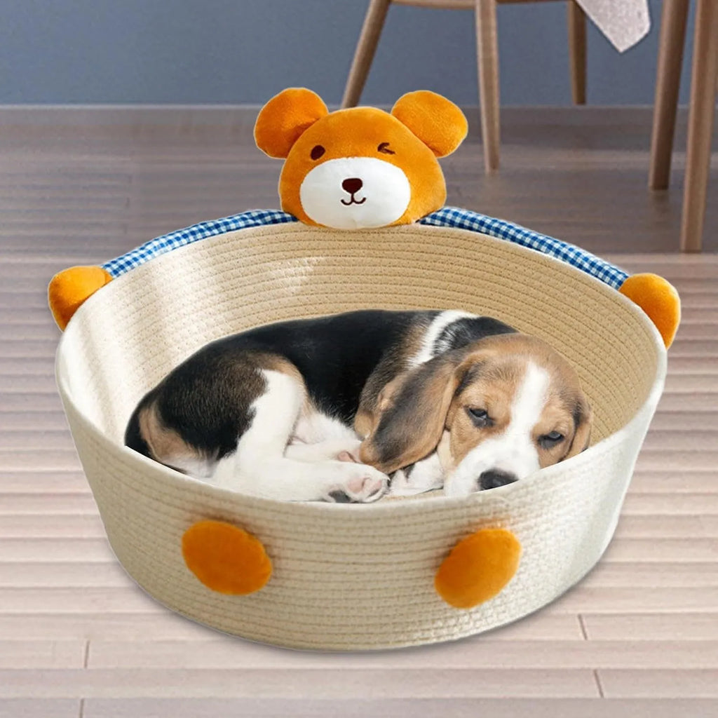 Woven cotton rope cat bed basket with scratching pad in bear design, shown next to a cat.