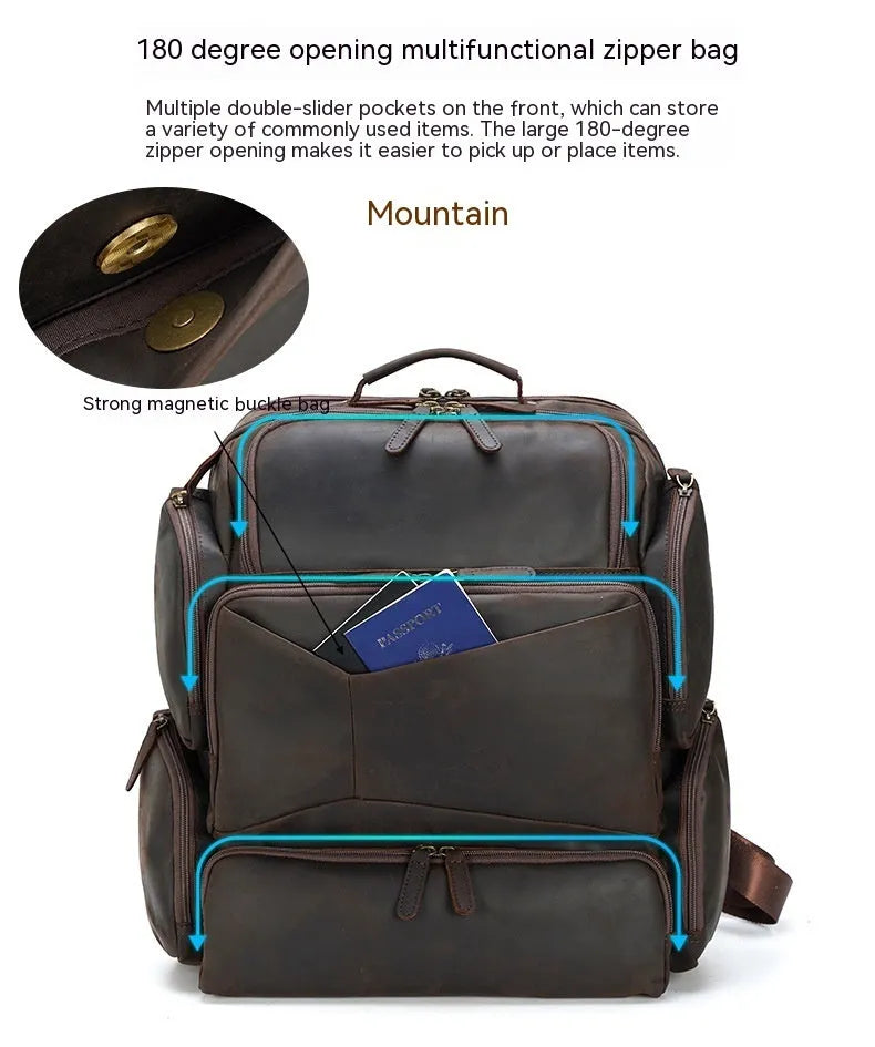 Dark brown leather men's backpack for 17-inch laptops with multiple compartments