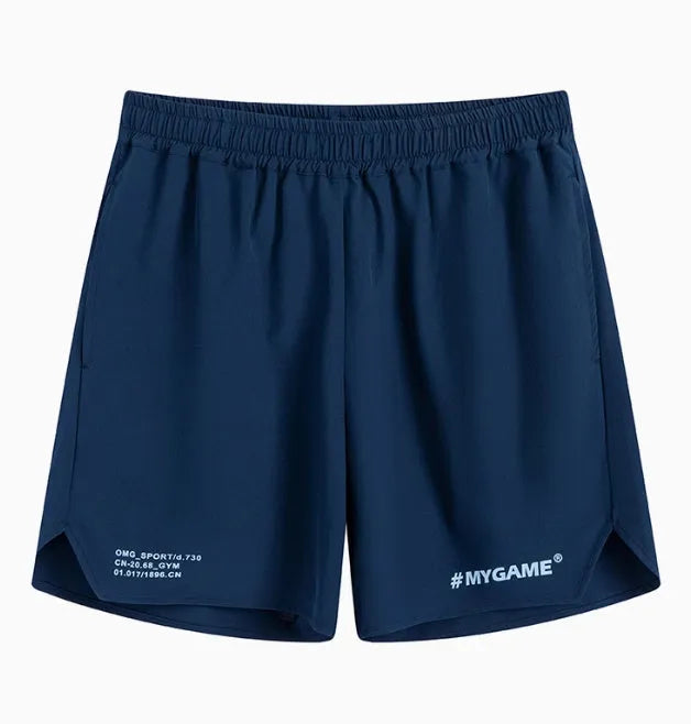 Men's grey fitness training shorts made from quick-drying polyester and spandex fabric.