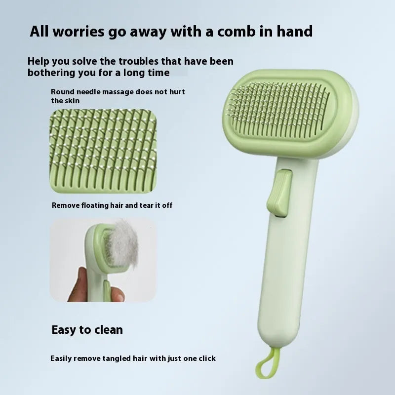 Large light grey pet grooming comb with stainless steel teeth and a built-in one-click shaver in the handle.