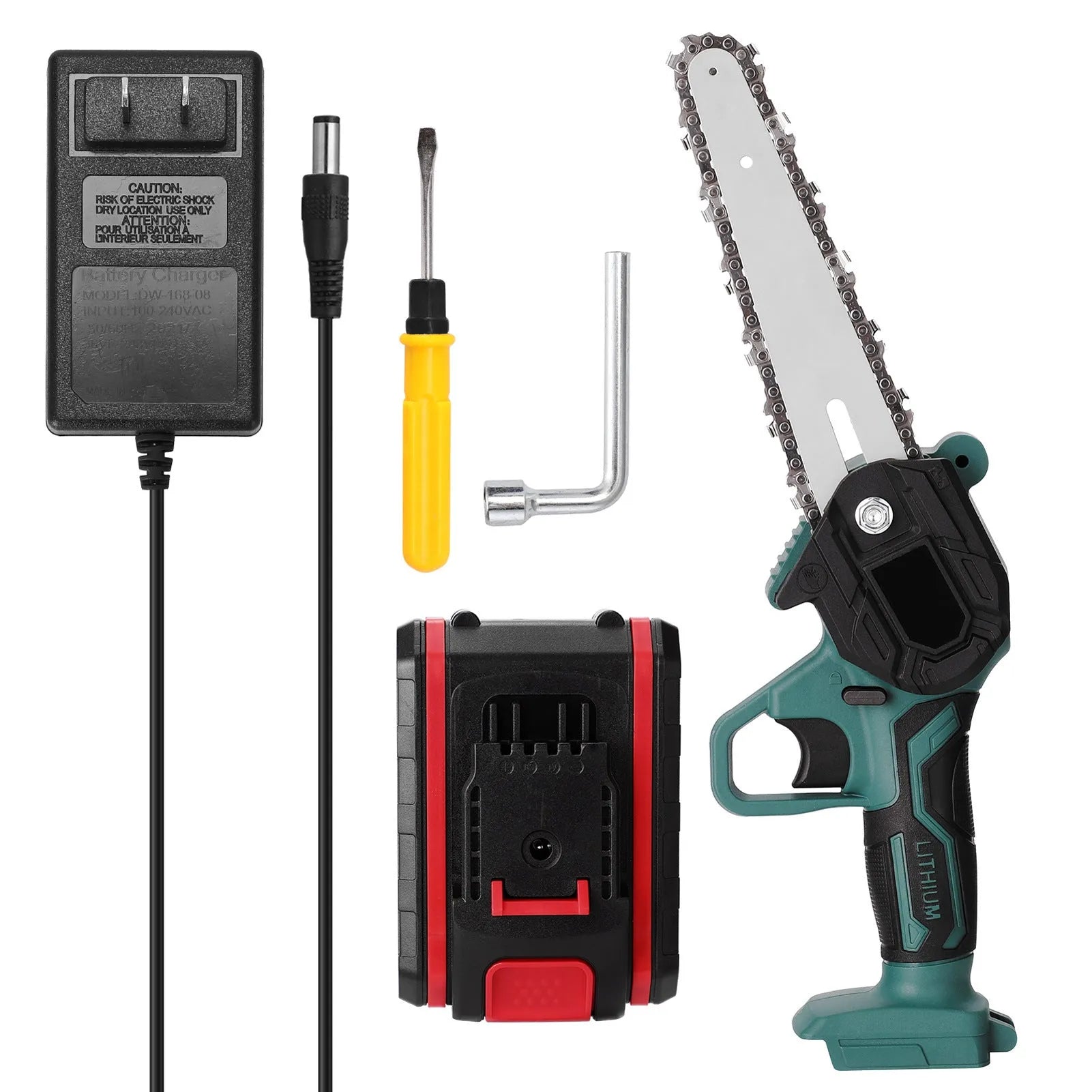 Black cordless mini electric chainsaw with 4-inch bar held in one hand for garden use.