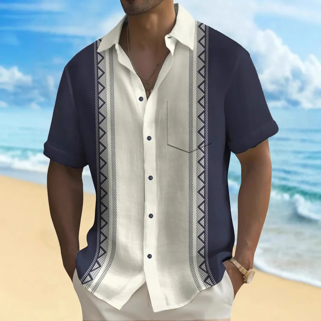 Men's loose fit casual printed shirt in a multicolour pattern, cardigan style.