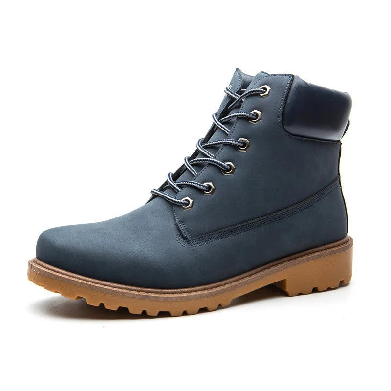 Men's pink high-top Martin boots with front lace-up and a low flat heel on a neutral background.
