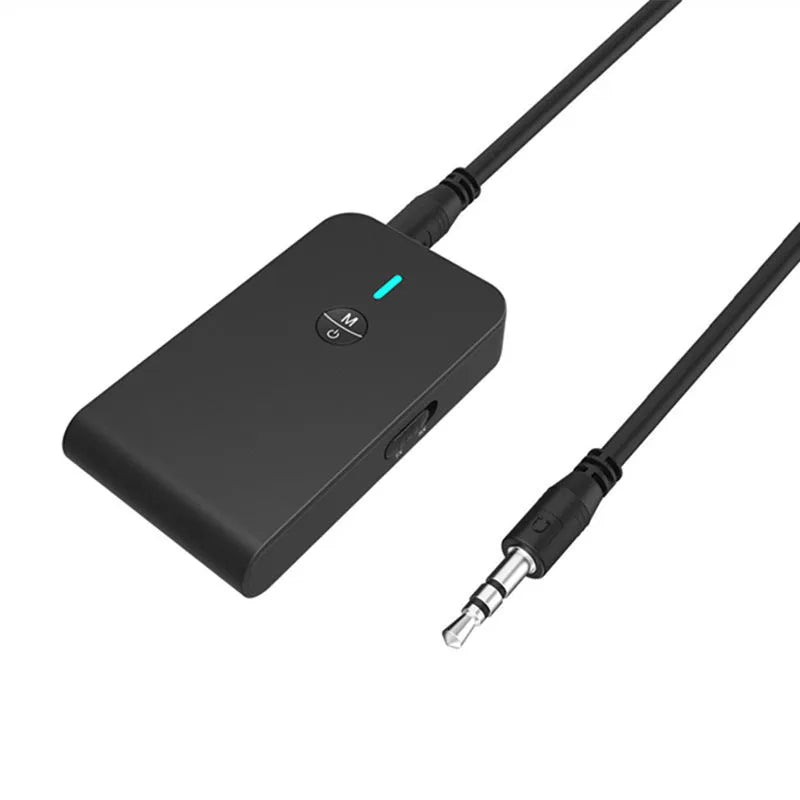 Black Bluetooth audio adapter with 3.5mm AUX jack for wireless music streaming to car and home stereo systems