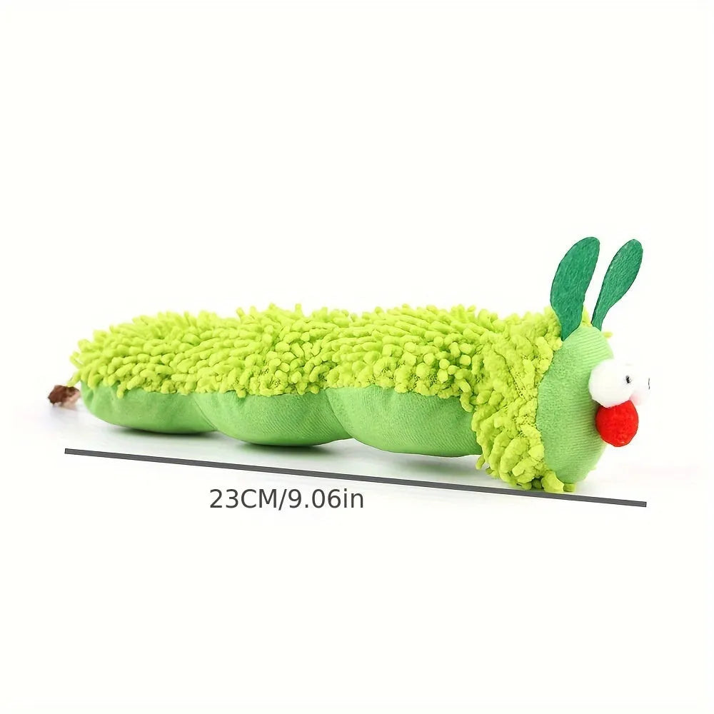Green interactive plush cat toy with sports ball and fishing rod design