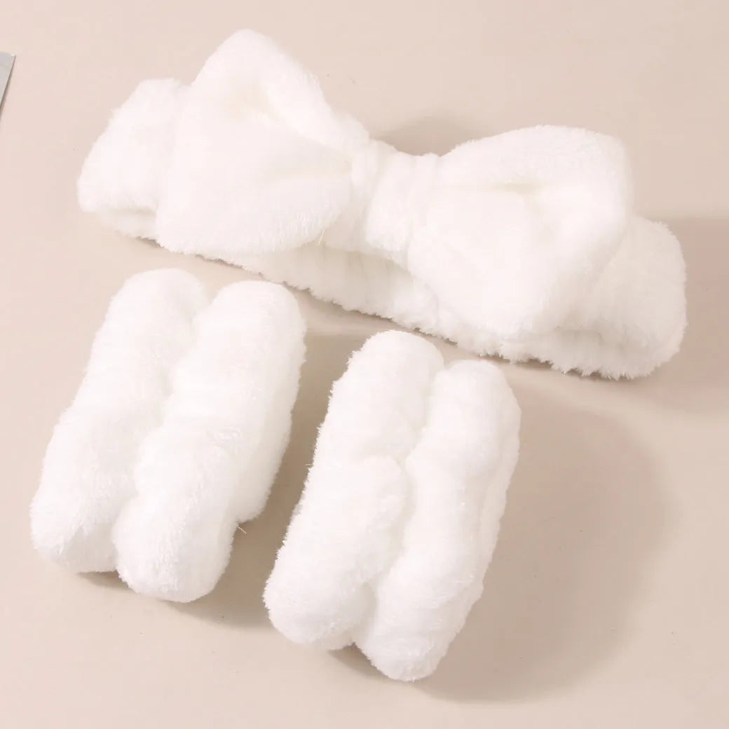 Facial brush set with coral fleece hair band, nylon brush, and face wash mitts in assorted colours