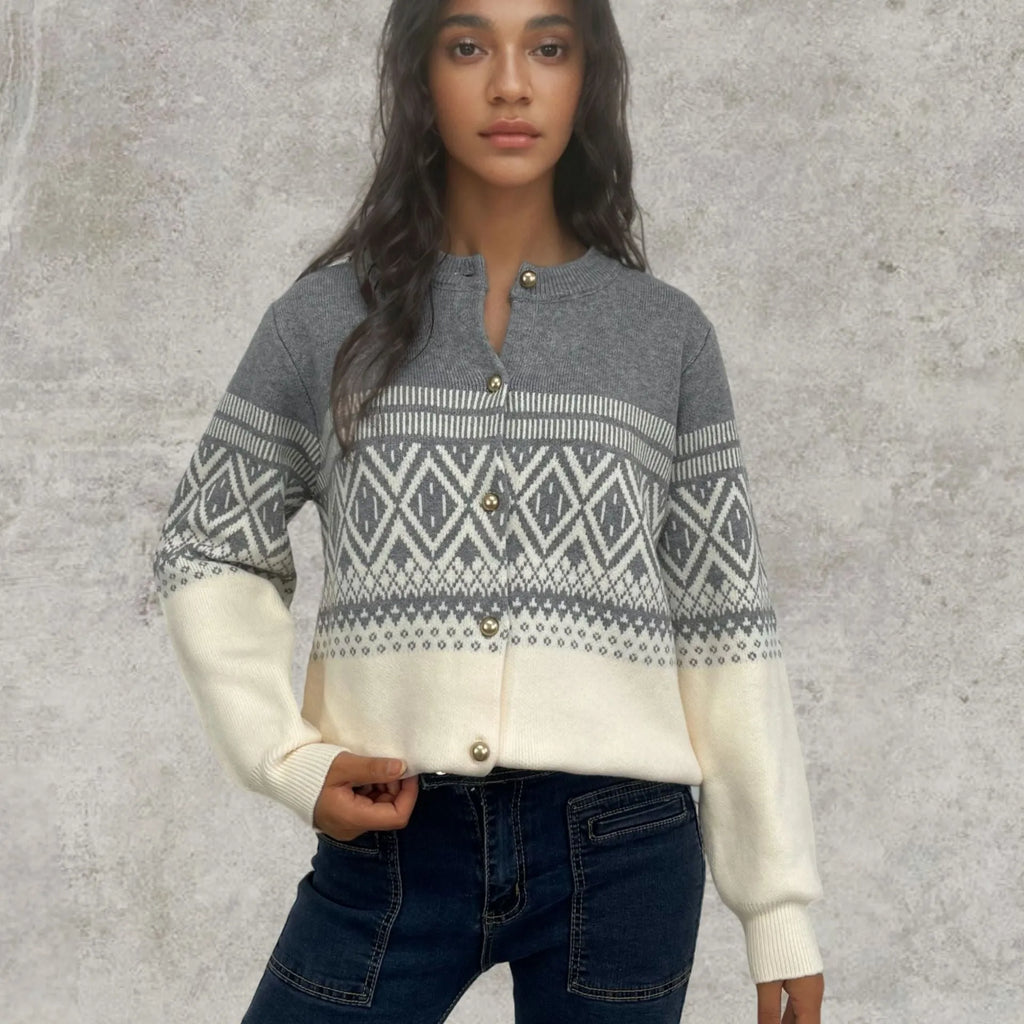 Women's red alpaca wool cardigan with grey diamond knit pattern and long sleeves