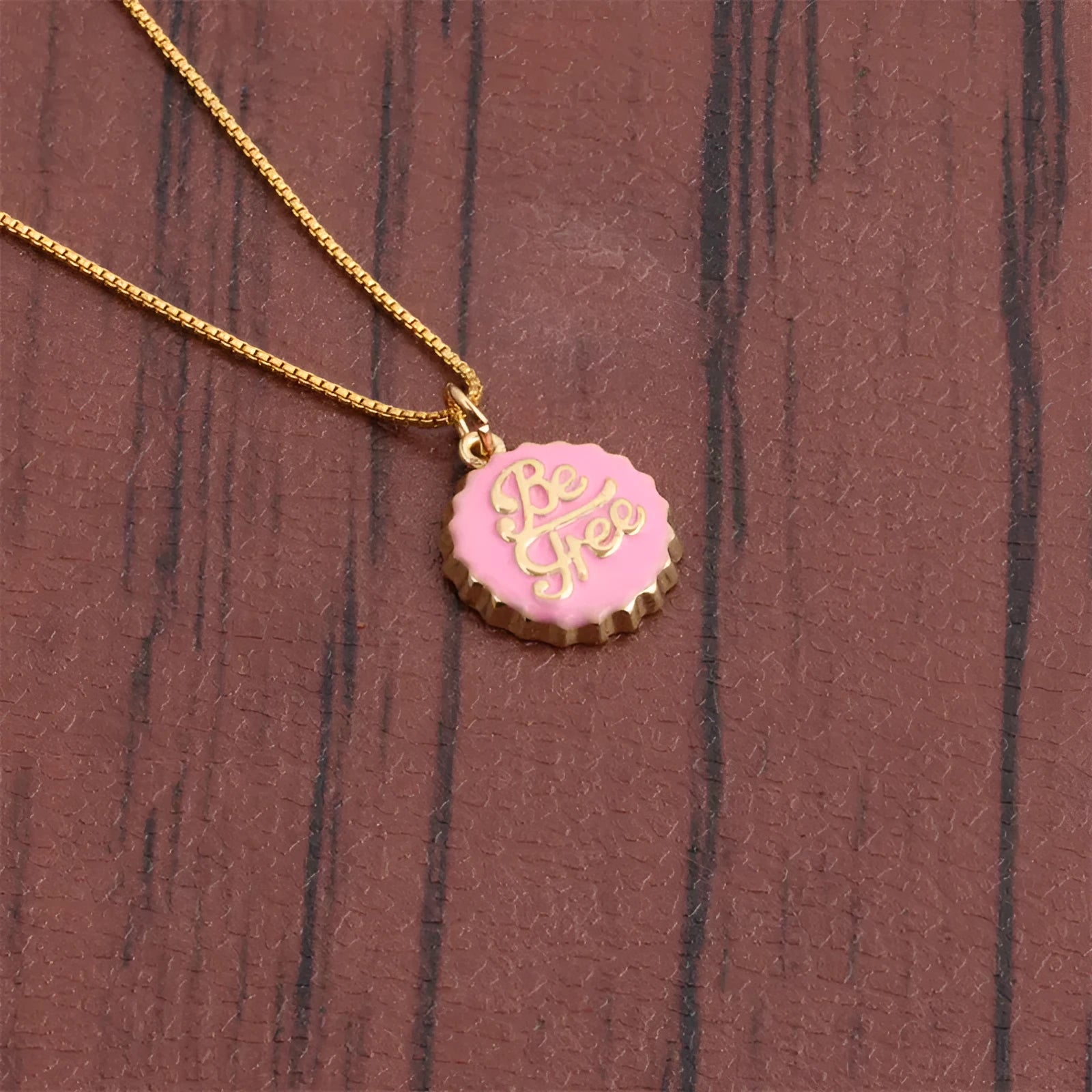 Copper bottle cap pendant necklace on a 40 cm box chain with 18K gold electroplating in various colours