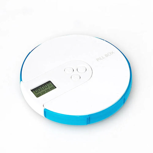 Seven compartment electronic pill dispenser with digital display and alarm clock functions in multiple colour options