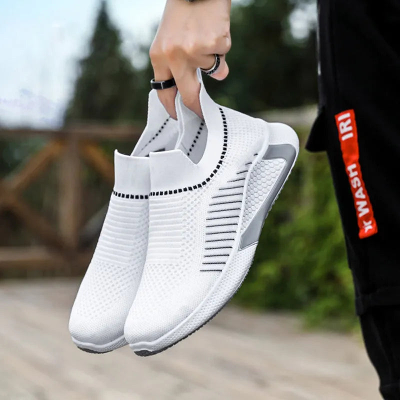 Men's black and white mesh sock sneakers with a striped design and lace-up front.