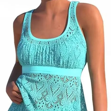 Women's two-piece swimwear set with conservative split design in solid colour nylon fabric