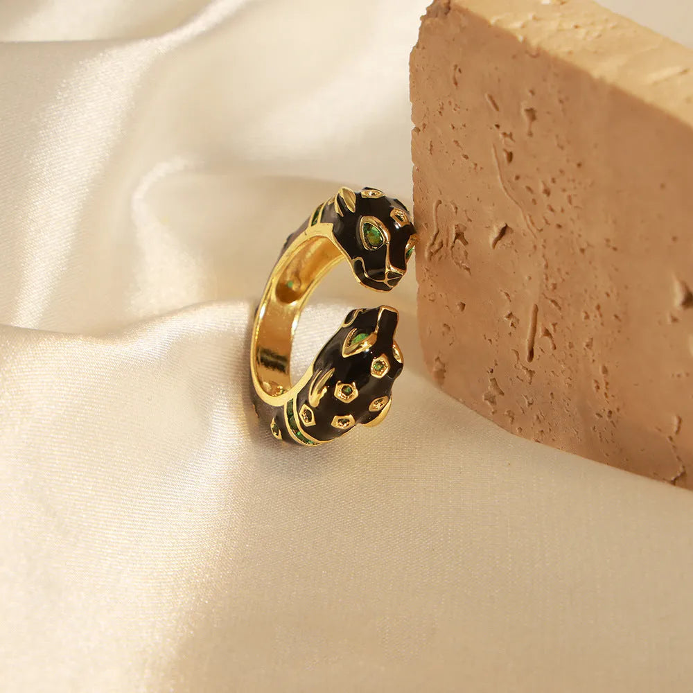 Black cheetah oil drip pattern geometric open ring for women