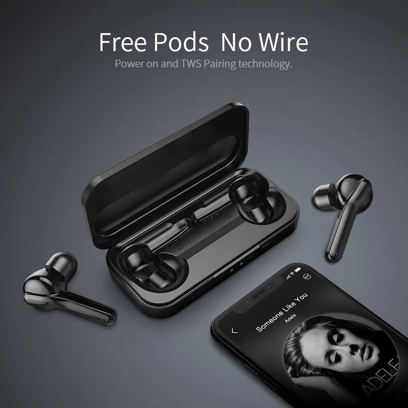 Black and white true wireless stereo earbuds with in-ear design and Bluetooth 5.0.
