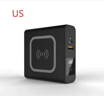 Black PD20W power bank with wireless charging and flip-out UK US EU AU plug adapters