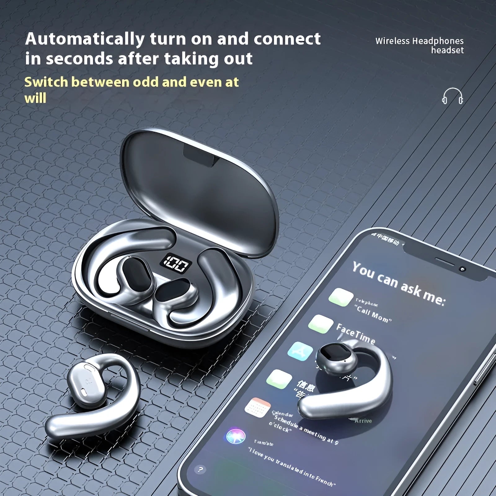 Ear-mounted Bluetooth headset with digital display screen in black or white colour