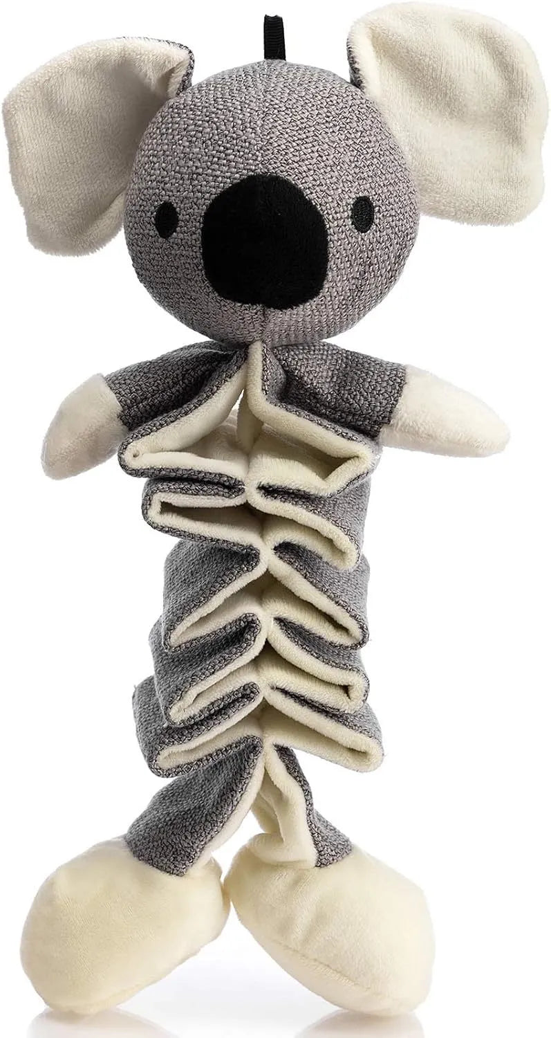 Gray koala dog toy measuring 30cm with crinkle paper squeaky features