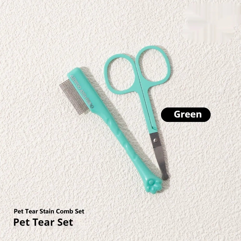 ABS pet grooming comb and scissors set for dogs, available in black, yellow, white, and green colours