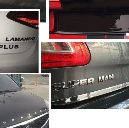 Zinc alloy 3D car bumper stickers showing individual metal letters approximately 2.5cm tall in black and silver finishes