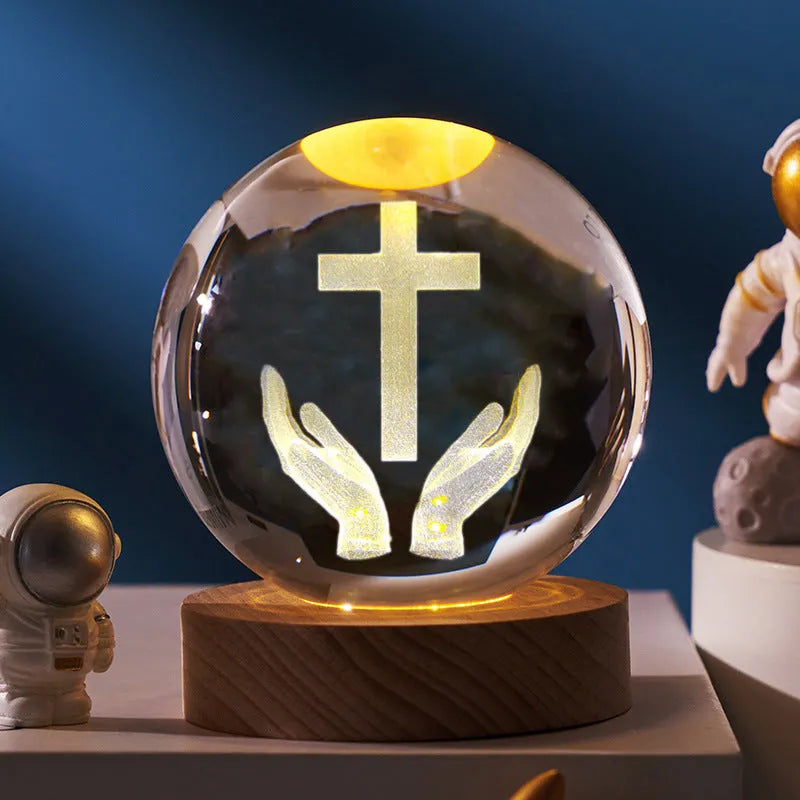 White crystal ball lamp with solid wood base and warm lighting in religious designs