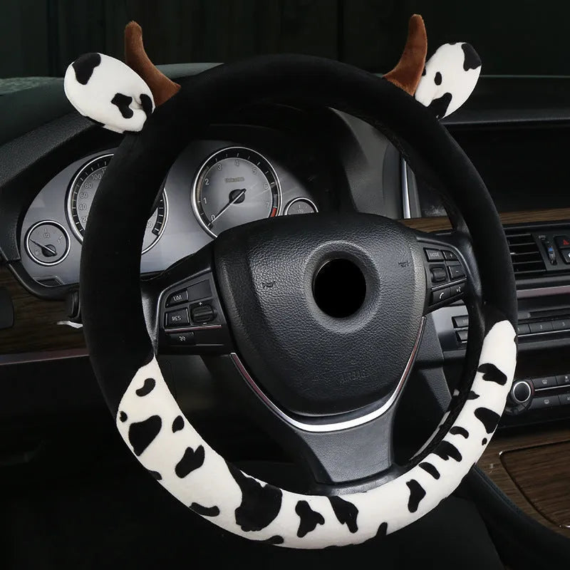 Short plush car steering wheel cover in black, 38cm diameter