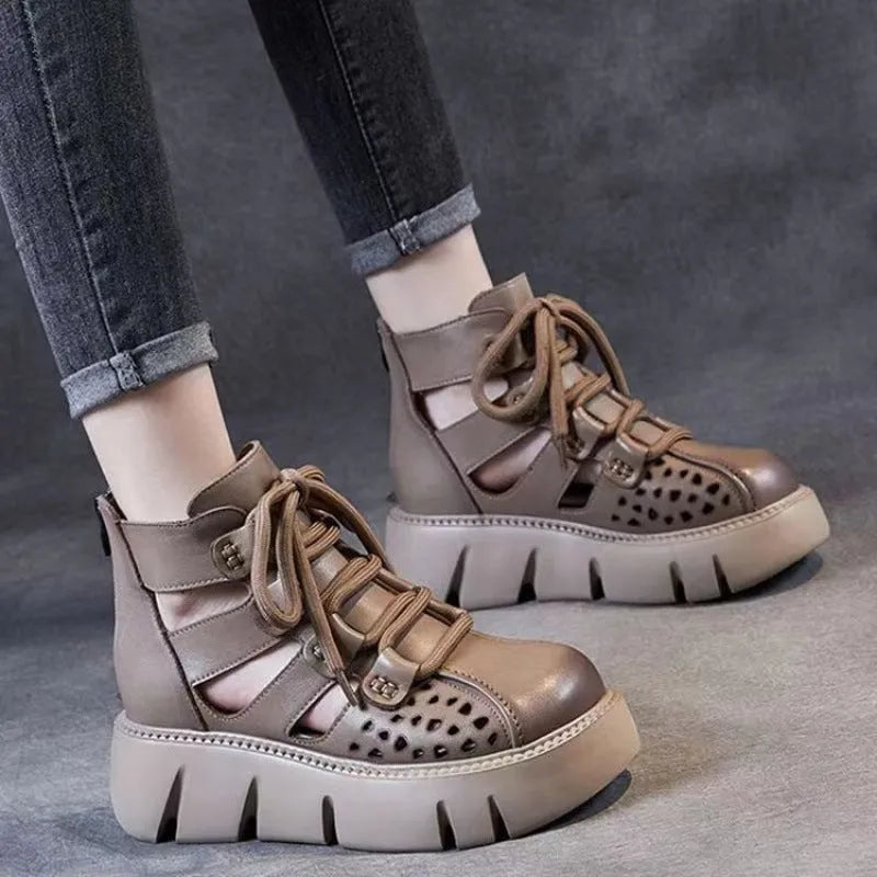 Women's black platform sandals with hollow hole design in soft cowhide leather with PU sole