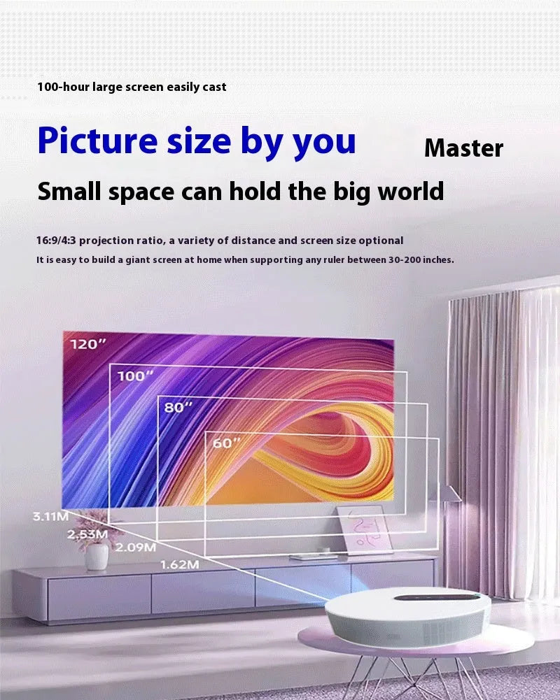 White 720p HD home theatre projector with remote control on a table